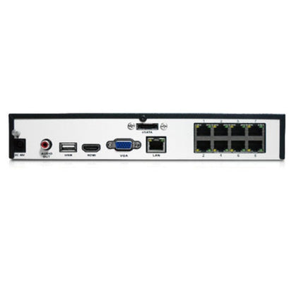Achterkant van de zwarte Reolink 8-kanaals PoE NVR met acht PoE-poorten, HDMI, VGA, USB en audio-aansluitingen.