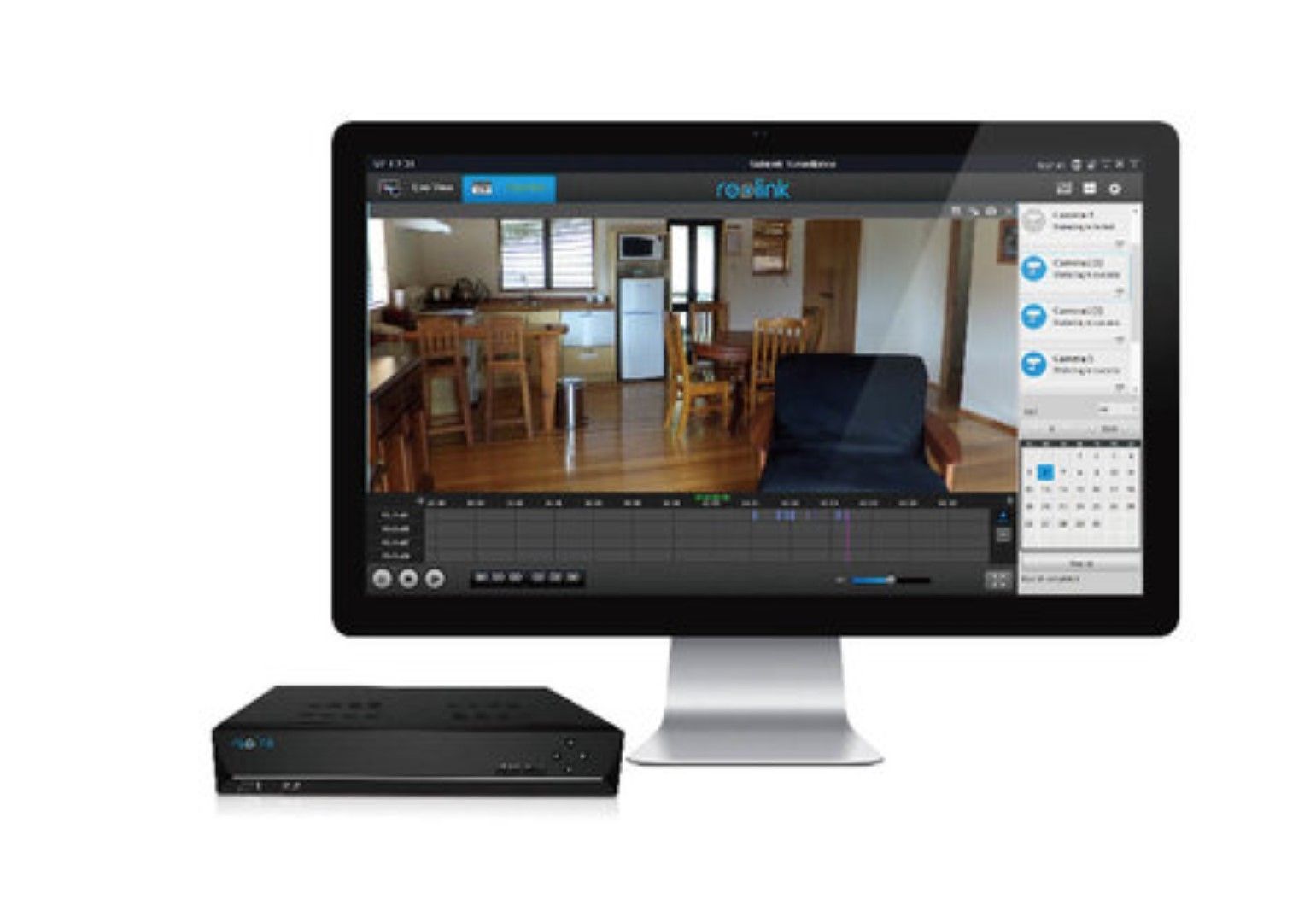Zwarte Reolink 8-kanaals PoE NVR recorder met monitor waarop de Reolink desktop software voor camerabeheer zichtbaar is.