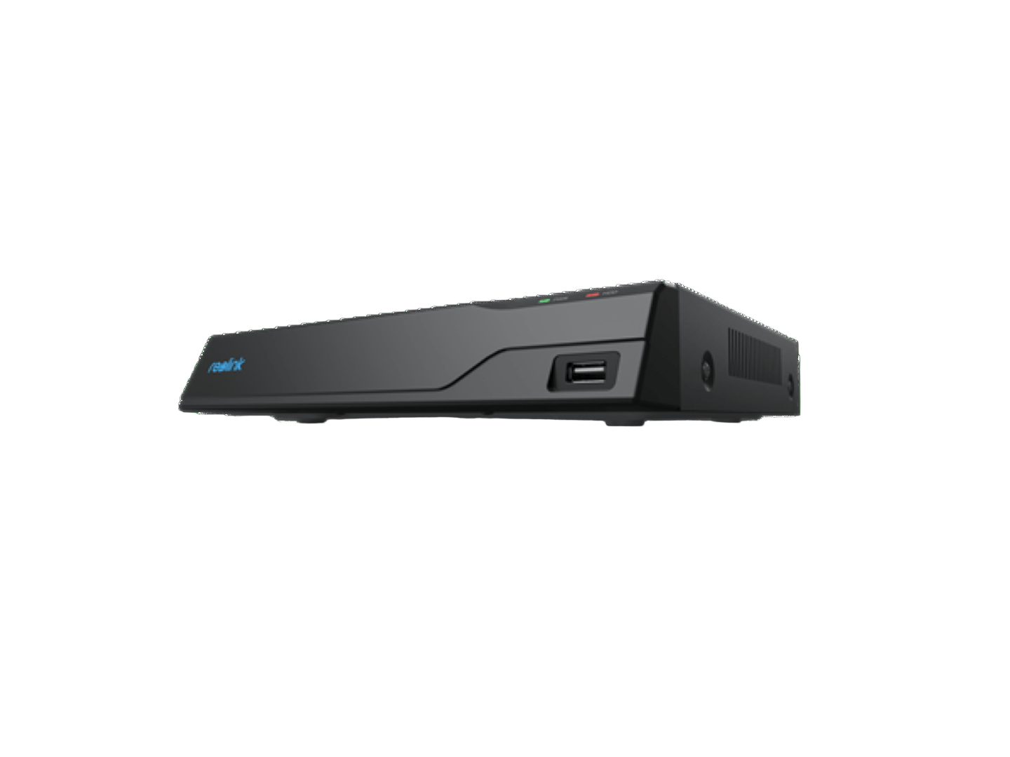 Zwarte Reolink 8-kanaals PoE NVR recorder met strak design, USB-poort aan de voorzijde en statusindicatielampjes.
