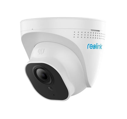 Witte Reolink P324 PoE turret beveiligingscamera met zwarte lensmodule en blauw logo.
