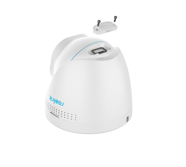 Witte Reolink P324 turret beveiligingscamera met zichtbaar MicroSD-kaartslot en schroefbaar afdekplaatje.