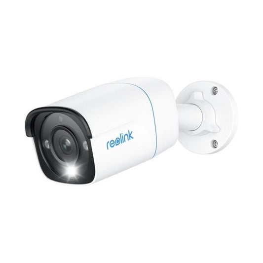 Witte Reolink P330 8MP PoE bulletcamera met zwarte lensbehuizing, spotlight en muurbevestiging voor buiten.