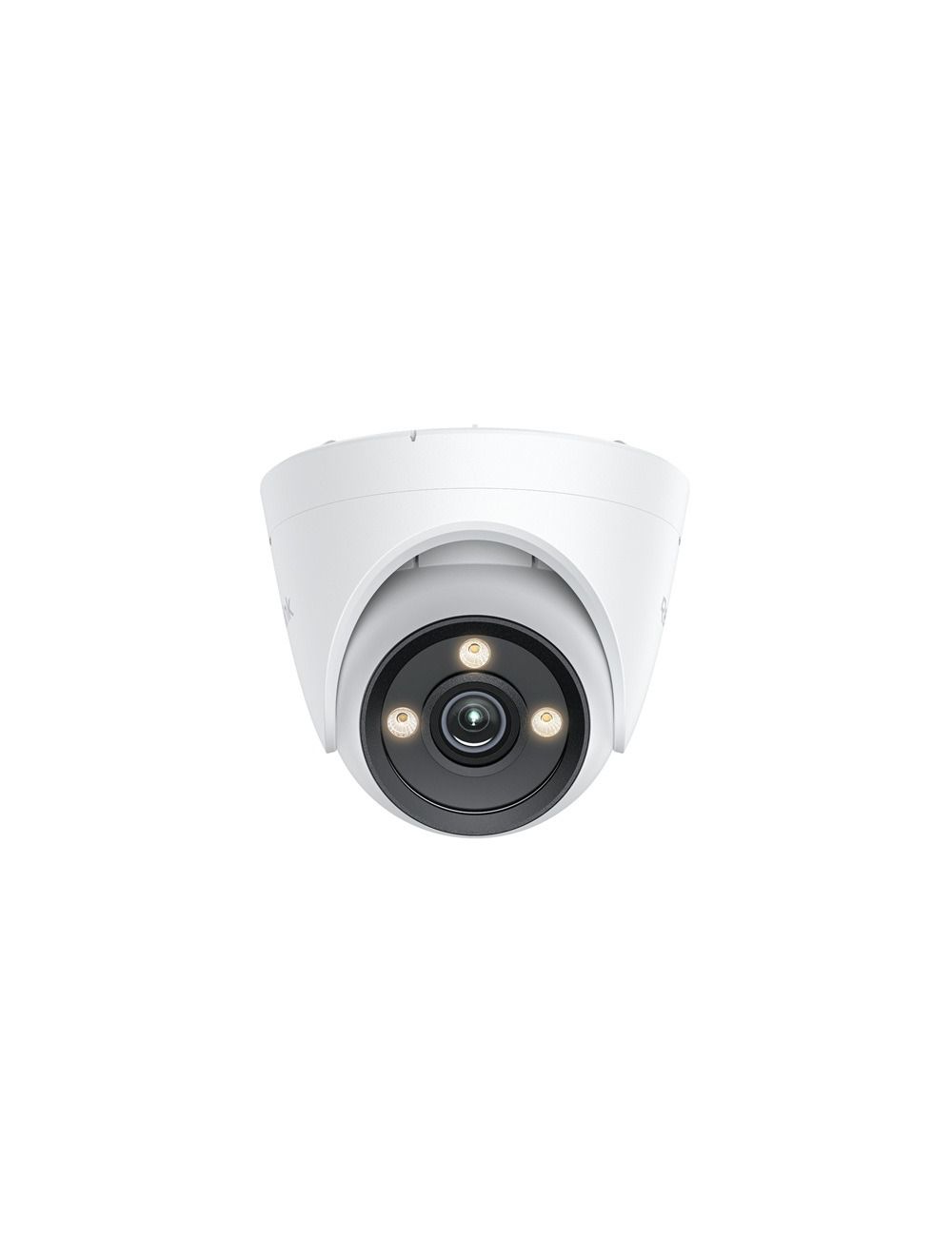 Witte Reolink P335X 4K PoE beveiligingscamera met zwarte lens, ColorX nachtzicht en ingebouwde spotlights.