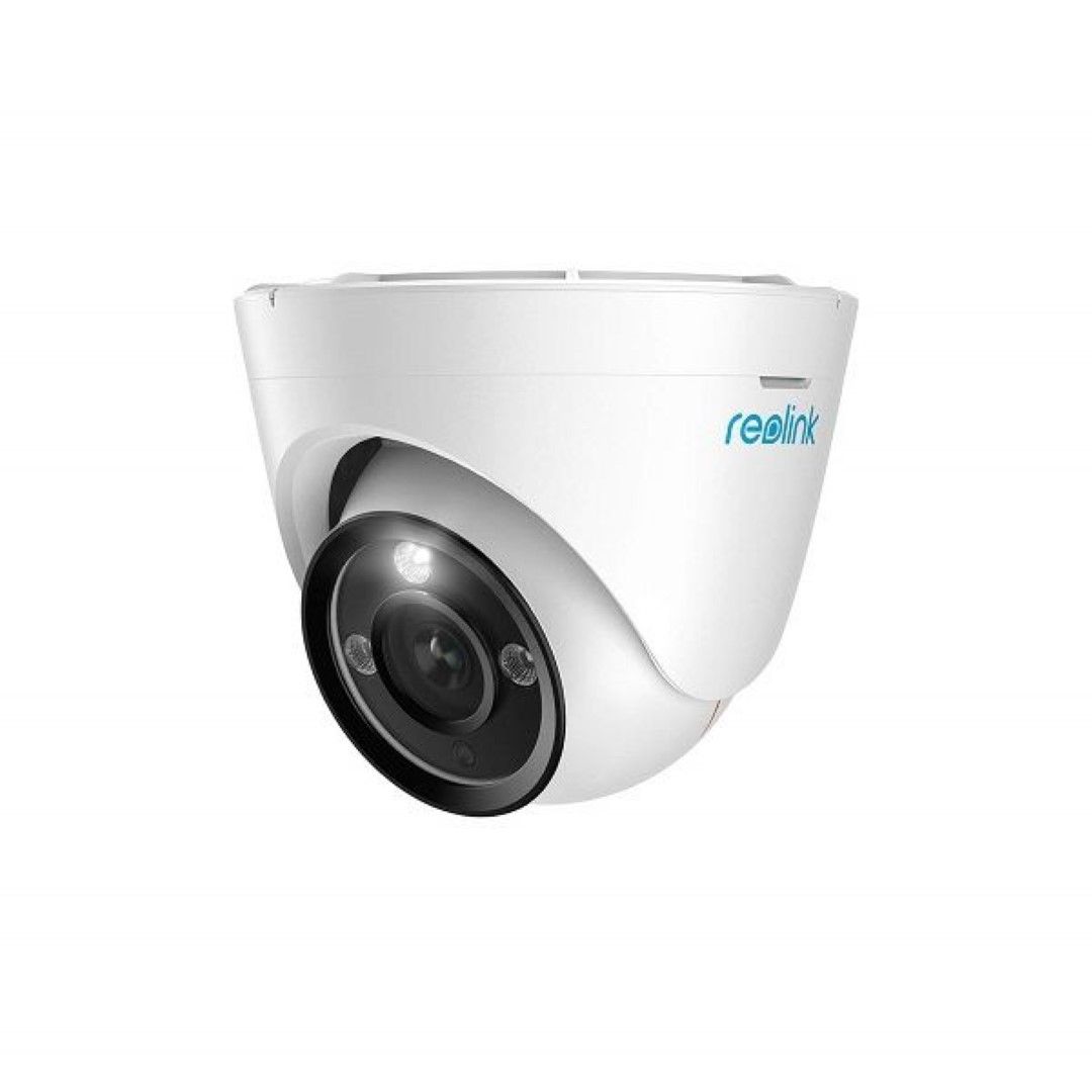 Witte Reolink P344-W 12MP PoE turret beveiligingscamera met spotlight en zwarte lensmodule voor buiten.