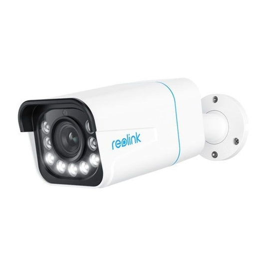 Witte Reolink P430 8MP PoE bulletcamera met 5x optische zoom, spotlight en weerbestendige behuizing.