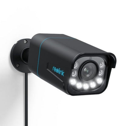 Zwarte Reolink P430 4K PoE bulletcamera met 5x optische zoom en actieve LED-spotlight voor buiten.