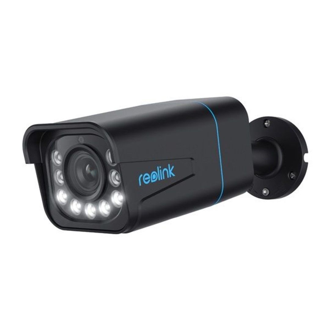 Zwarte Reolink P430 4K PoE bulletcamera met 5x optische zoom en ingebouwde spotlight voor buiten.