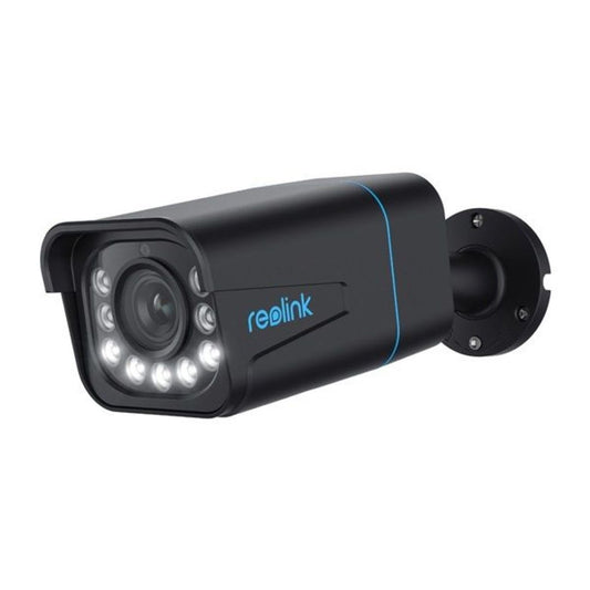Zwarte Reolink P430 4K PoE bulletcamera met 5x optische zoom en ingebouwde spotlight voor buiten.