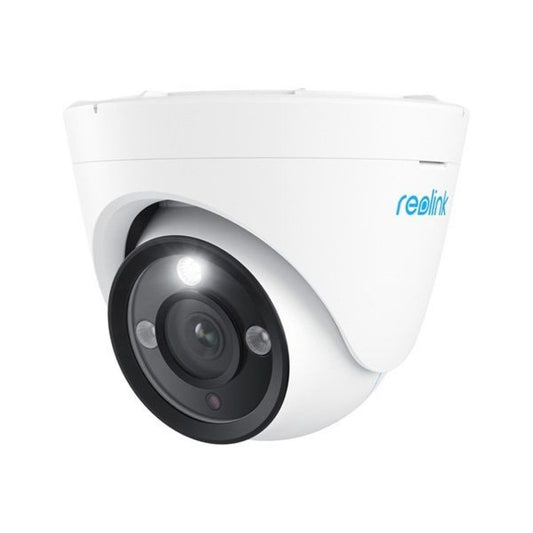 Witte Reolink P434 12MP PoE turret buitencamera met spotlight en zwart lensgedeelte.