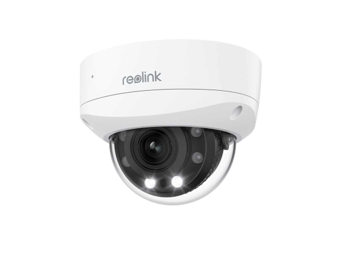 Witte Reolink P437 8MP PoE dome-beveiligingscamera met 5x optische zoom en ingebouwde LED-spotlights.