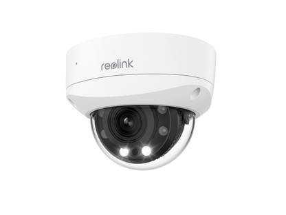 Witte Reolink P437 8MP PoE dome-beveiligingscamera met 5x optische zoom en ingebouwde LED-spotlights.