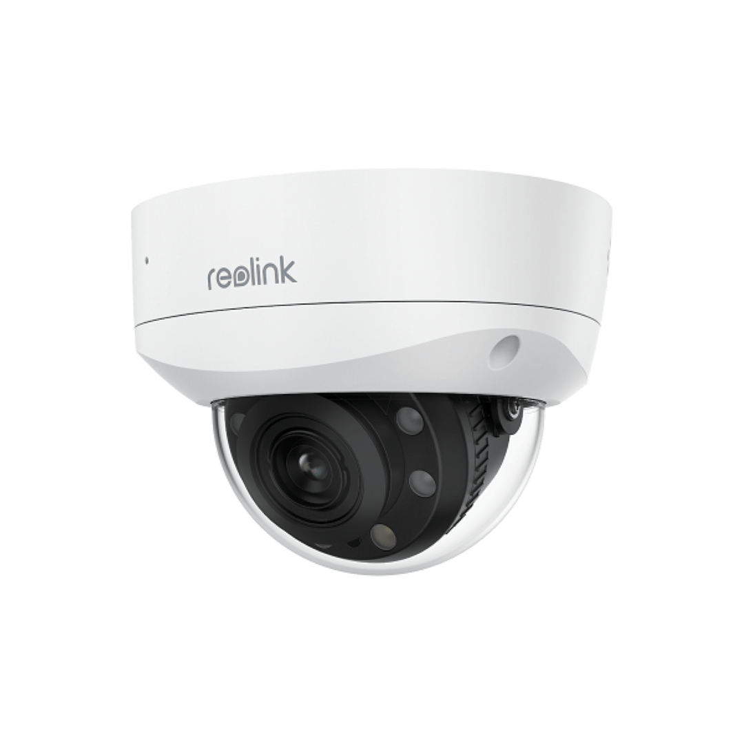 Witte Reolink P437 8MP PoE dome beveiligingscamera met zwarte lens en vandaalbestendige behuizing.