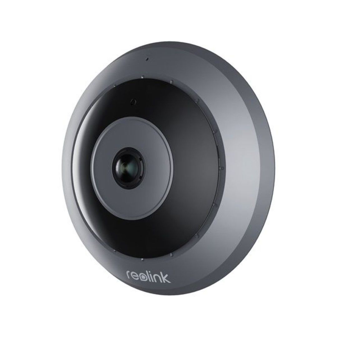 Reolink P520 6MP PoE fisheye dome camera met grijs rond design en zwarte lens voor 360 graden camerabewaking.