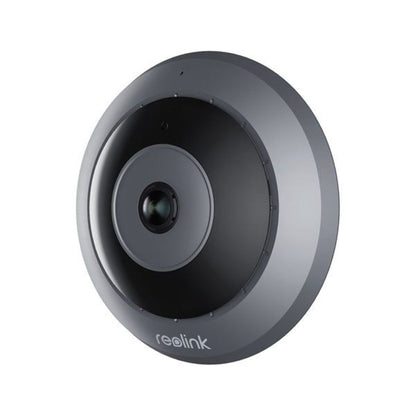 Reolink P520 6MP PoE fisheye dome camera met grijs rond design en zwarte lens voor 360 graden camerabewaking.