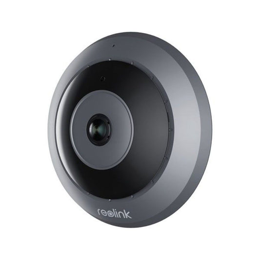 Reolink P520 6MP PoE fisheye dome camera met grijs rond design en zwarte lens voor 360 graden camerabewaking.