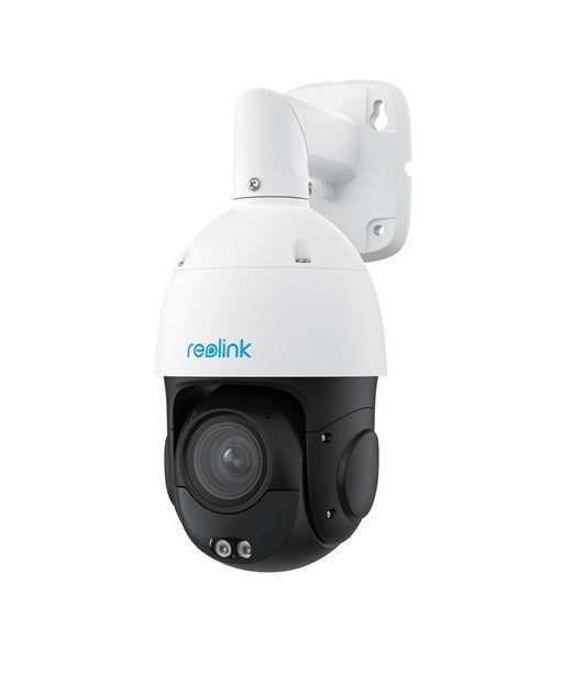 Witte Reolink P840 8MP PoE PTZ-domecamera met 5x optische zoom en zwarte lensbehuizing voor buiten.