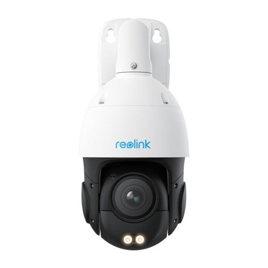 Witte Reolink P840 8MP PoE PTZ-domecamera met 5x optische zoom, zwarte lensmodule en ingebouwde spotlights.