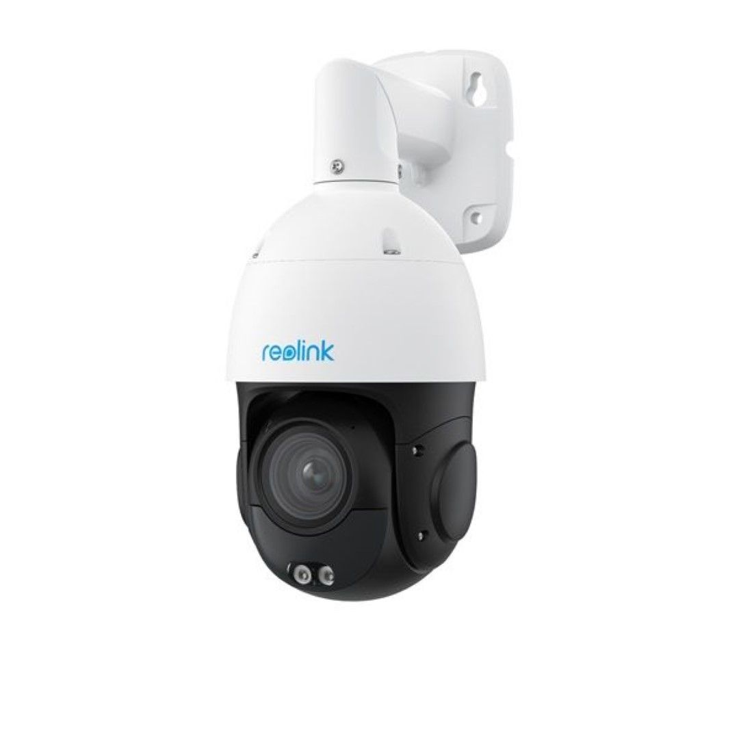 Witte Reolink P850 8MP PTZ speeddome camera met zwarte lensbehuizing en muurbeugel voor buitenbeveiliging.