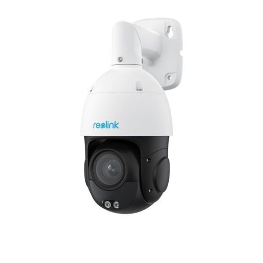 Witte Reolink P850 8MP PTZ speeddome camera met zwarte lensbehuizing en muurbeugel voor buitenbeveiliging.