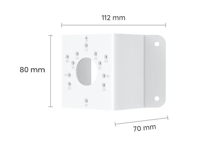 Witte Reolink RLA-BKC1 hoekbeugel voor beveiligingscamera's met afmetingen van 112x80x70mm en montagegaten.