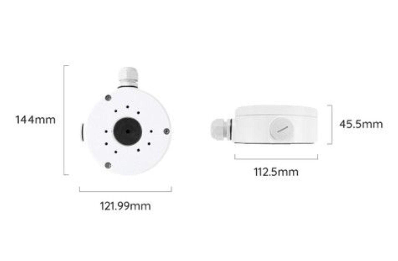 Witte Reolink RLA-JBS1-W montagebox voor bullet camera's met technische afmetingen en kabeldoorvoer.