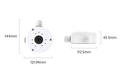 Witte Reolink RLA-JBS1-W montagebox voor bullet camera's met technische afmetingen en kabeldoorvoer.