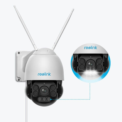 Witte Reolink RLC-523WA WiFi PTZ-beveiligingscamera met 4x optische zoom, dubbele antennes en ingebouwde LED-spotlight.