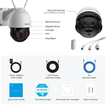 Reolink RLC-523WA 5MP WiFi PTZ-camera met accessoires, inclusief kabels, montageonderdelen en handleiding.