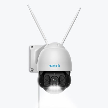 Witte Reolink RLC-523WA WiFi PTZ-beveiligingscamera met twee antennes, 4x optische zoom en ingebouwde spotlight.