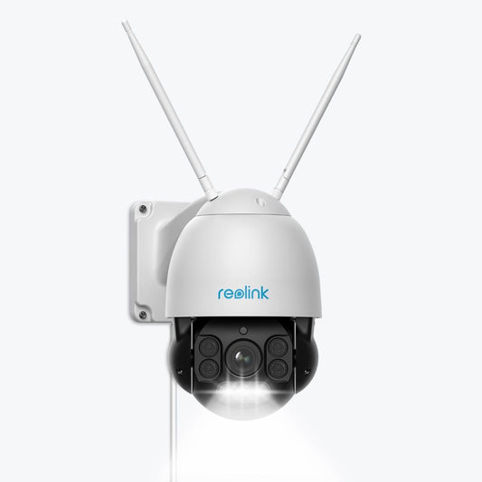Witte Reolink RLC-523WA WiFi PTZ-beveiligingscamera met twee antennes, 4x optische zoom en ingebouwde spotlight.