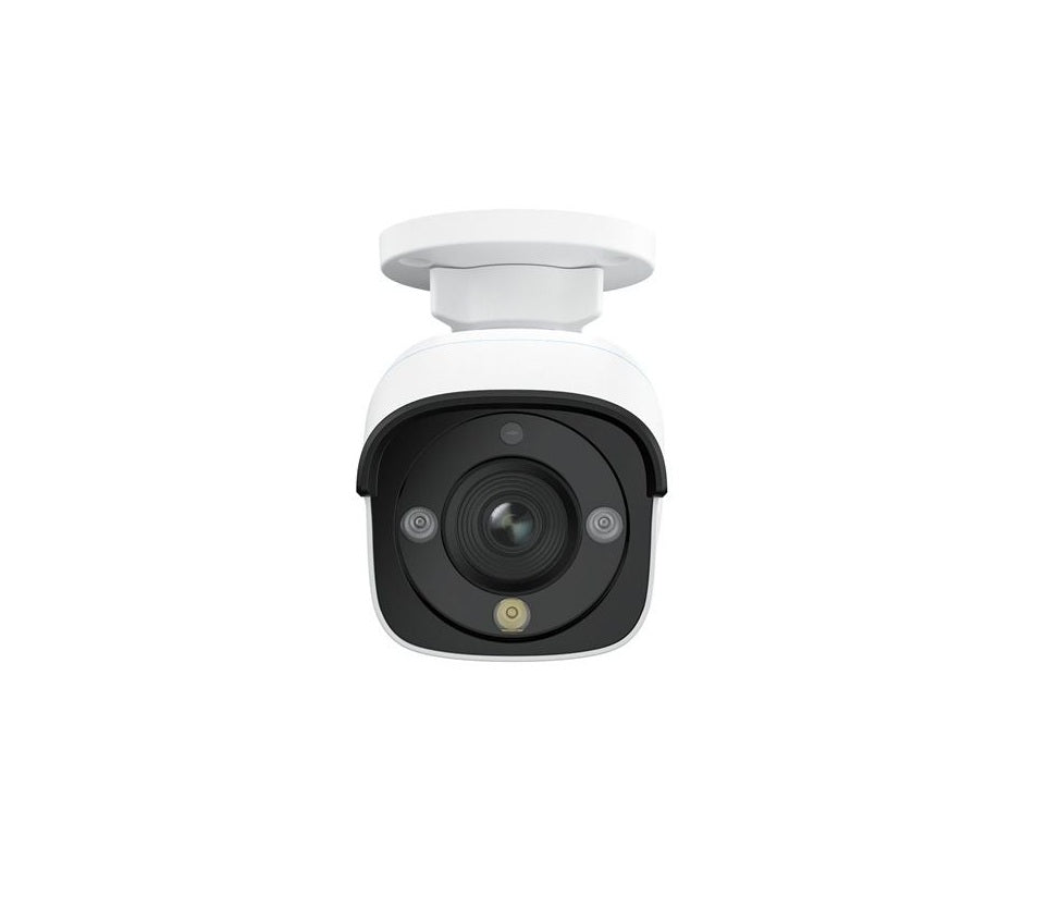 Witte Reolink 12MP PoE bulletcamera met spotlight voor nachtzicht en zwarte lensbehuizing.