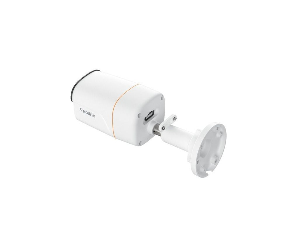 Witte Reolink 12MP PoE bulletcamera met spotlight en verstelbare muurbeugel voor buitenbeveiliging.