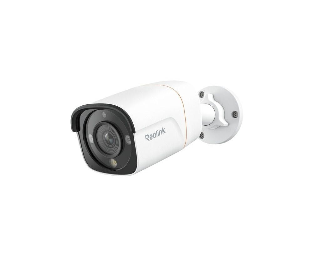 Witte Reolink 12MP PoE bulletcamera met zwarte lensbehuizing, ingebouwde spotlight en verstelbare muurbeugel.