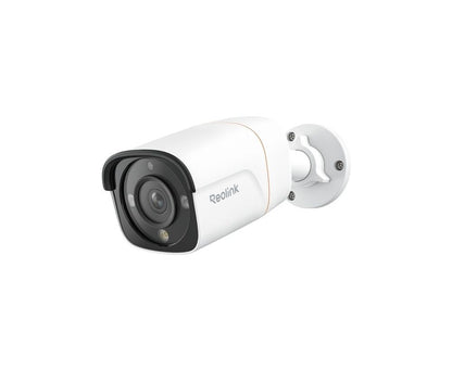 Witte Reolink 12MP PoE bulletcamera met zwarte lensbehuizing, ingebouwde spotlight en verstelbare muurbeugel.