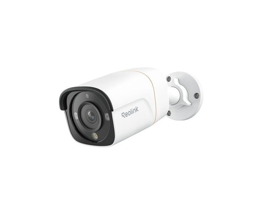 Witte Reolink 12MP PoE bulletcamera met zwarte lensbehuizing, ingebouwde spotlight en verstelbare muurbeugel.