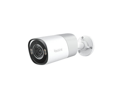Witte Reolink 8MP PoE bulletcamera met 5x optische zoom, spotlight en wandmontagebeugel.