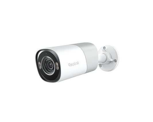 Witte Reolink 8MP PoE bulletcamera met 5x optische zoom, spotlight en wandmontagebeugel.