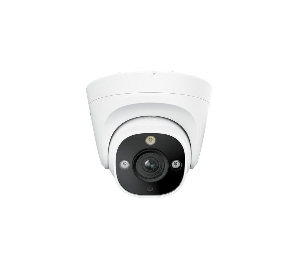Witte Reolink 8MP PoE turret beveiligingscamera met spotlight en zwarte lensmodule voor buiten.