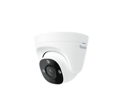 Witte Reolink 8MP PoE turret beveiligingscamera met spotlight en zwarte lensmodule voor buiten.