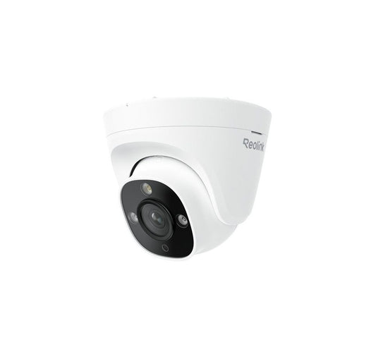 Witte Reolink 8MP PoE turret beveiligingscamera met spotlight en zwarte lensmodule voor buiten.