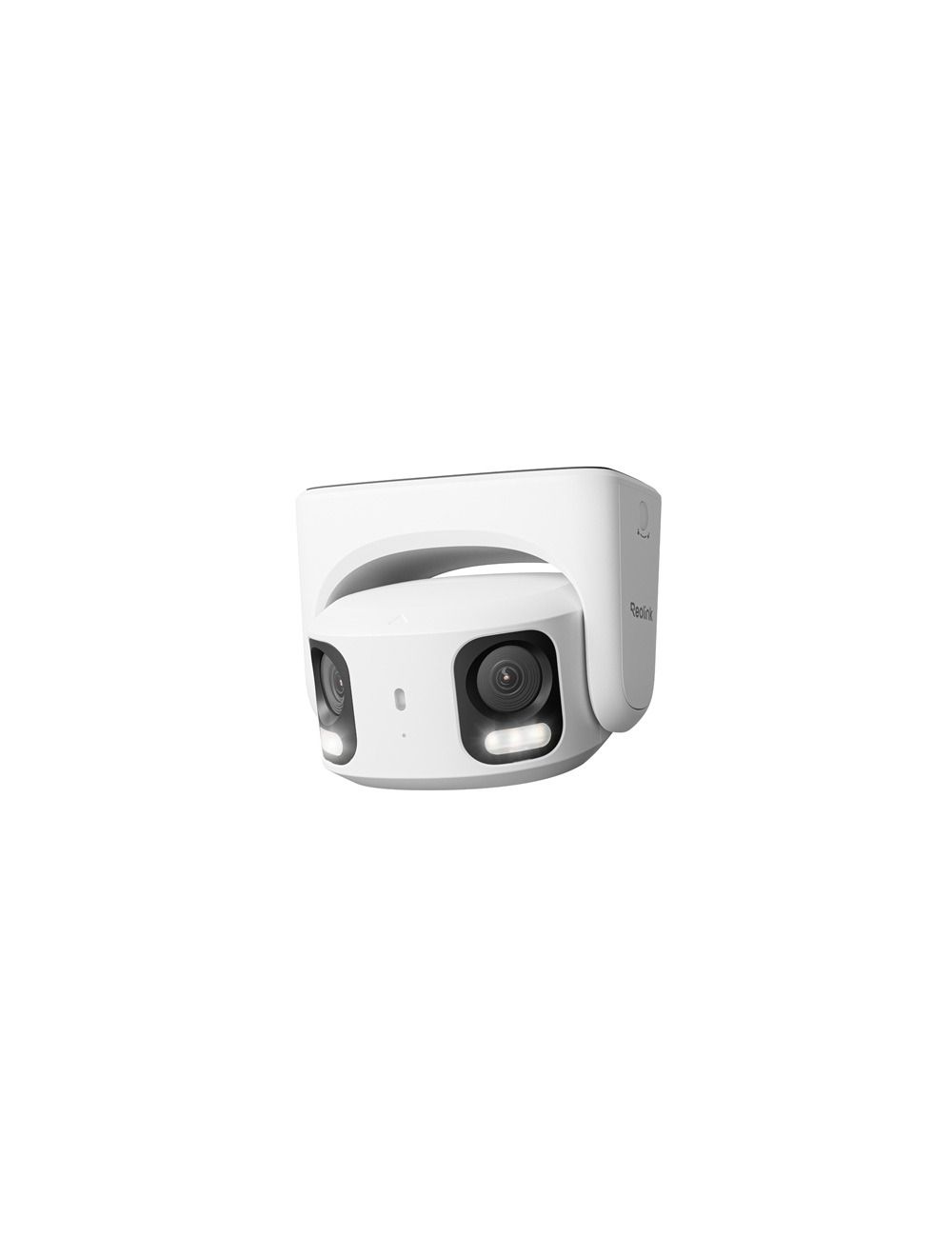 Witte Reolink 8MP dual-lens turret beveiligingscamera met 180° panoramisch zicht en ingebouwde spotlights.