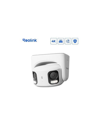 Witte Reolink 8MP dual-lens turret beveiligingscamera met 180° panoramisch beeld en ingebouwde spotlights.