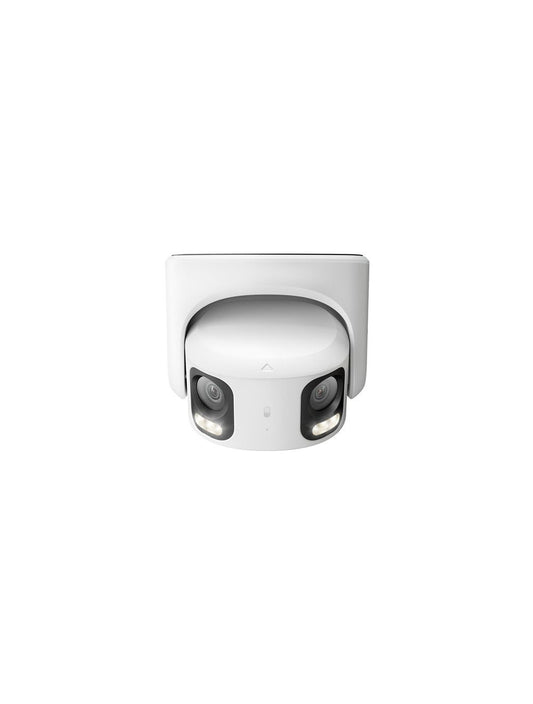 Witte Reolink 8MP dual-lens turret beveiligingscamera met panoramisch 180° zicht en ingebouwde spotlights.