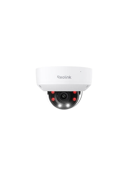 Witte Reolink 8MP PoE domecamera met varifocale lens, ingebouwde spotlight en infrarood-leds voor nachtzicht.