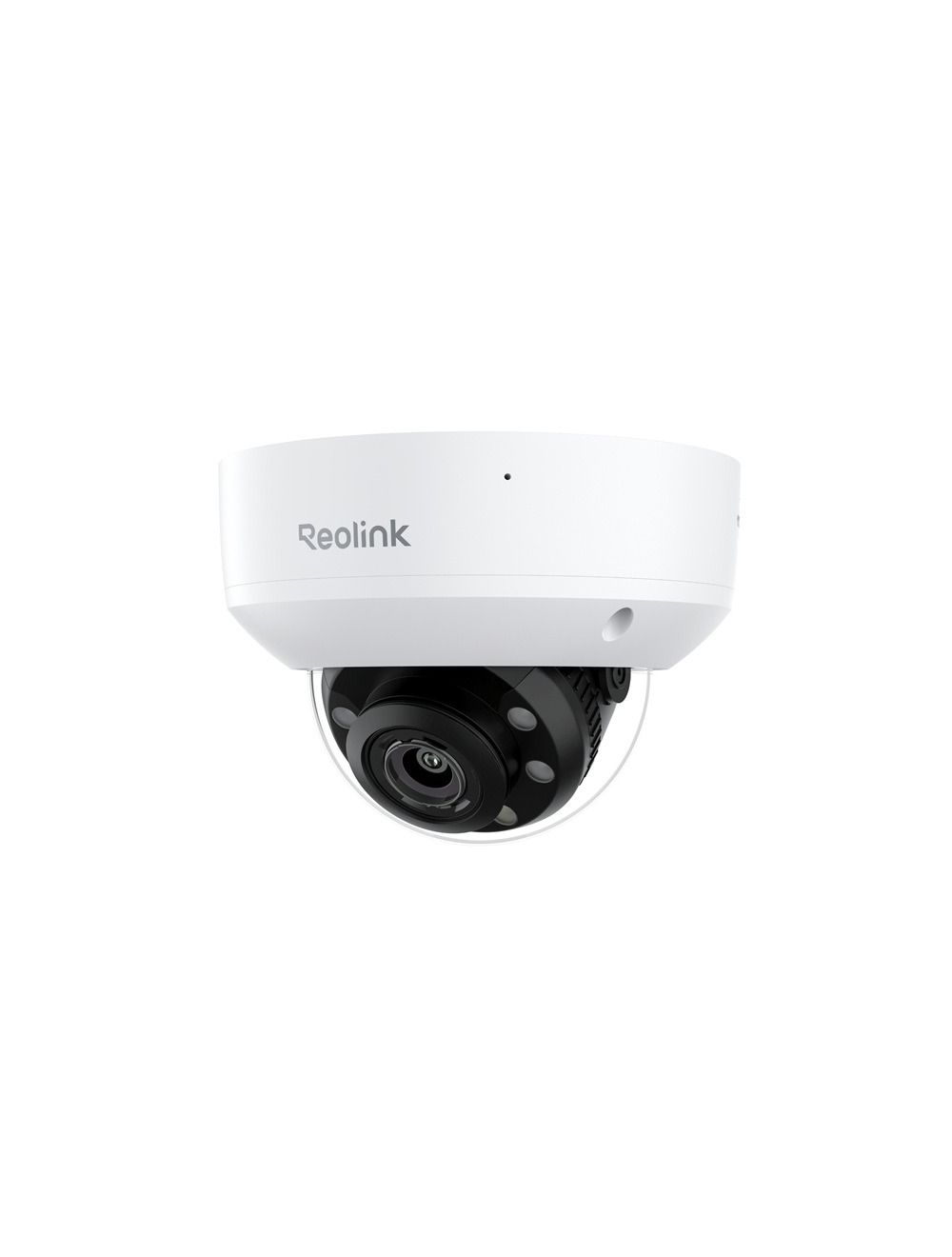 Witte Reolink 8MP PoE dome-beveiligingscamera met zwarte lens en robuuste behuizing voor buiten.