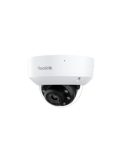 Witte Reolink 8MP PoE dome-beveiligingscamera met zwarte lens en robuuste behuizing voor buiten.