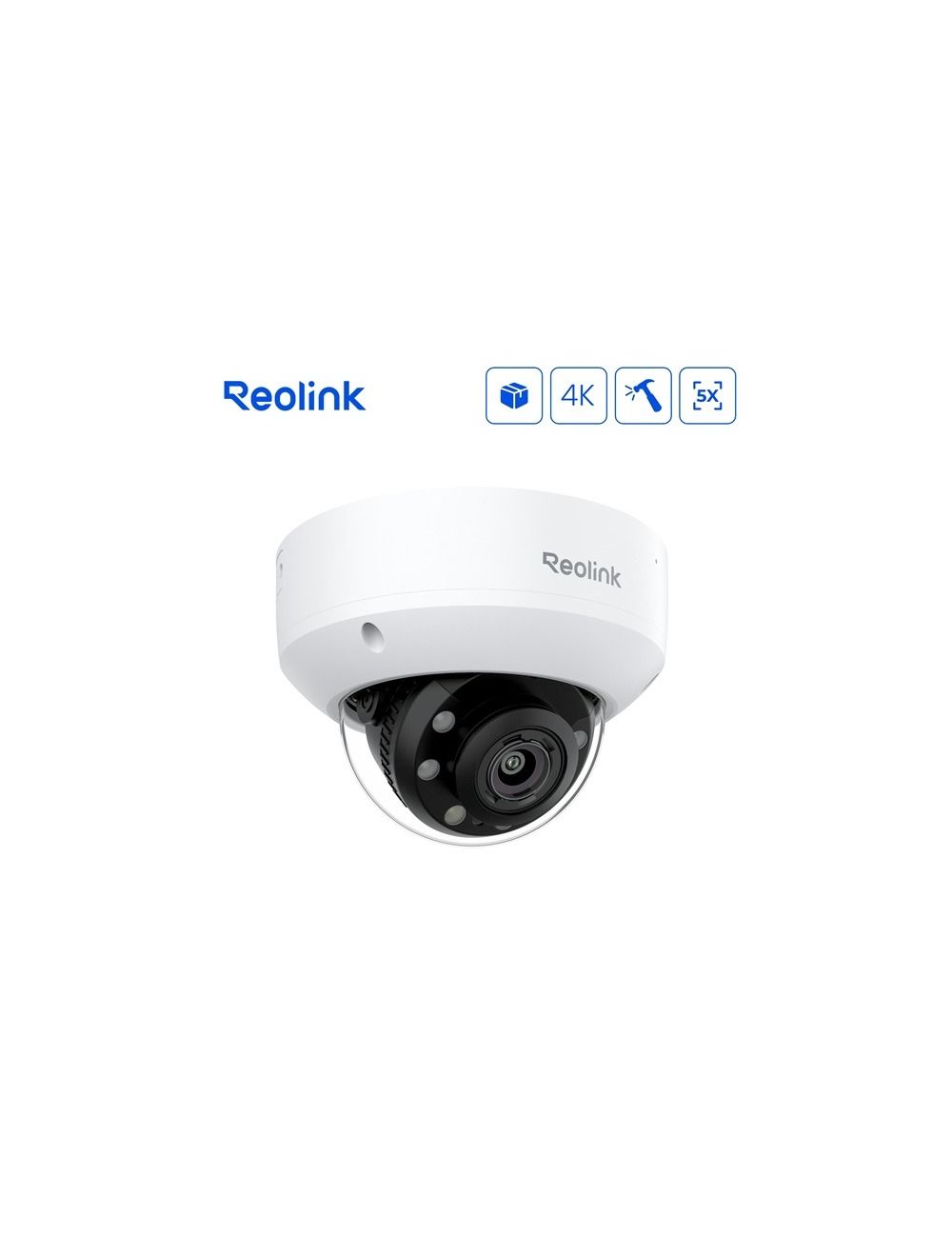 Witte Reolink 8MP PoE domecamera met 5x optische zoom, vandalismebestendige behuizing en spotlight.