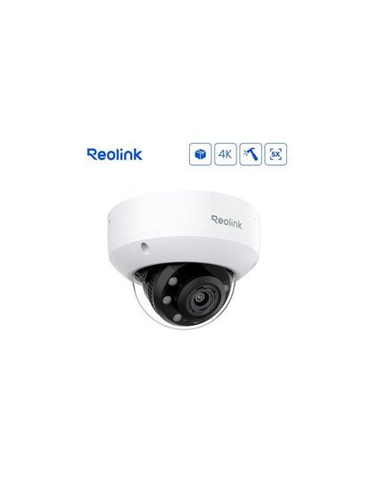 Witte Reolink 8MP PoE domecamera met 5x optische zoom, vandalismebestendige behuizing en spotlight.