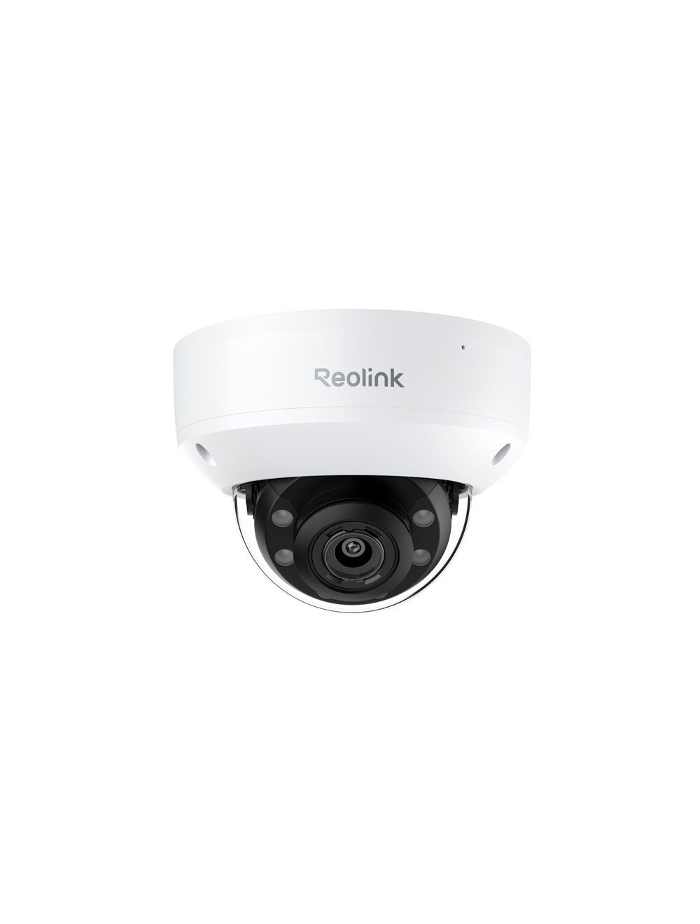 Witte Reolink 8MP PoE dome-beveiligingscamera met zwarte lens en robuuste behuizing voor buiten.