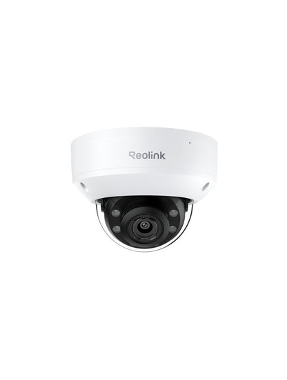 Witte Reolink 8MP PoE dome-beveiligingscamera met zwarte lens en robuuste behuizing voor buiten.